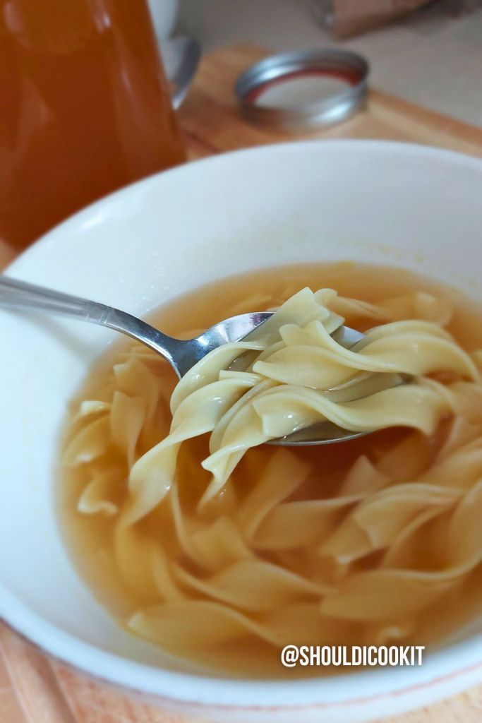 Egg noodles in homemade vegetable broth